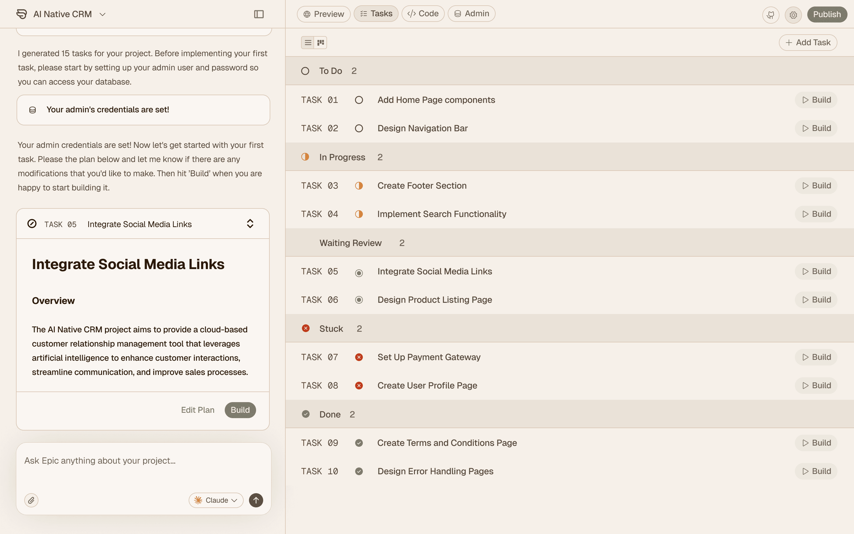 Epic Builder Interface